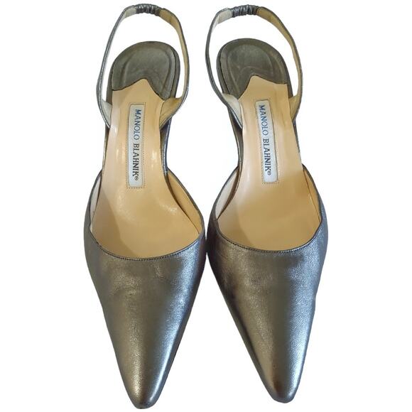 MANOLO BLAHNIK Sling Back High Heels US Size 9 Gray Metallic Leather EU Size 40 - Picture 2 of 8